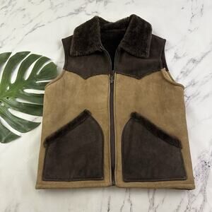 River Mens Vintage 70s Suede Sherpa Lined Vest Size 44 XL Brown Patchwork West